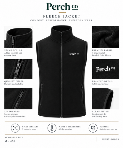 Bonded fleece vest details: stand collar, zip pockets and bonded polar fleece lining