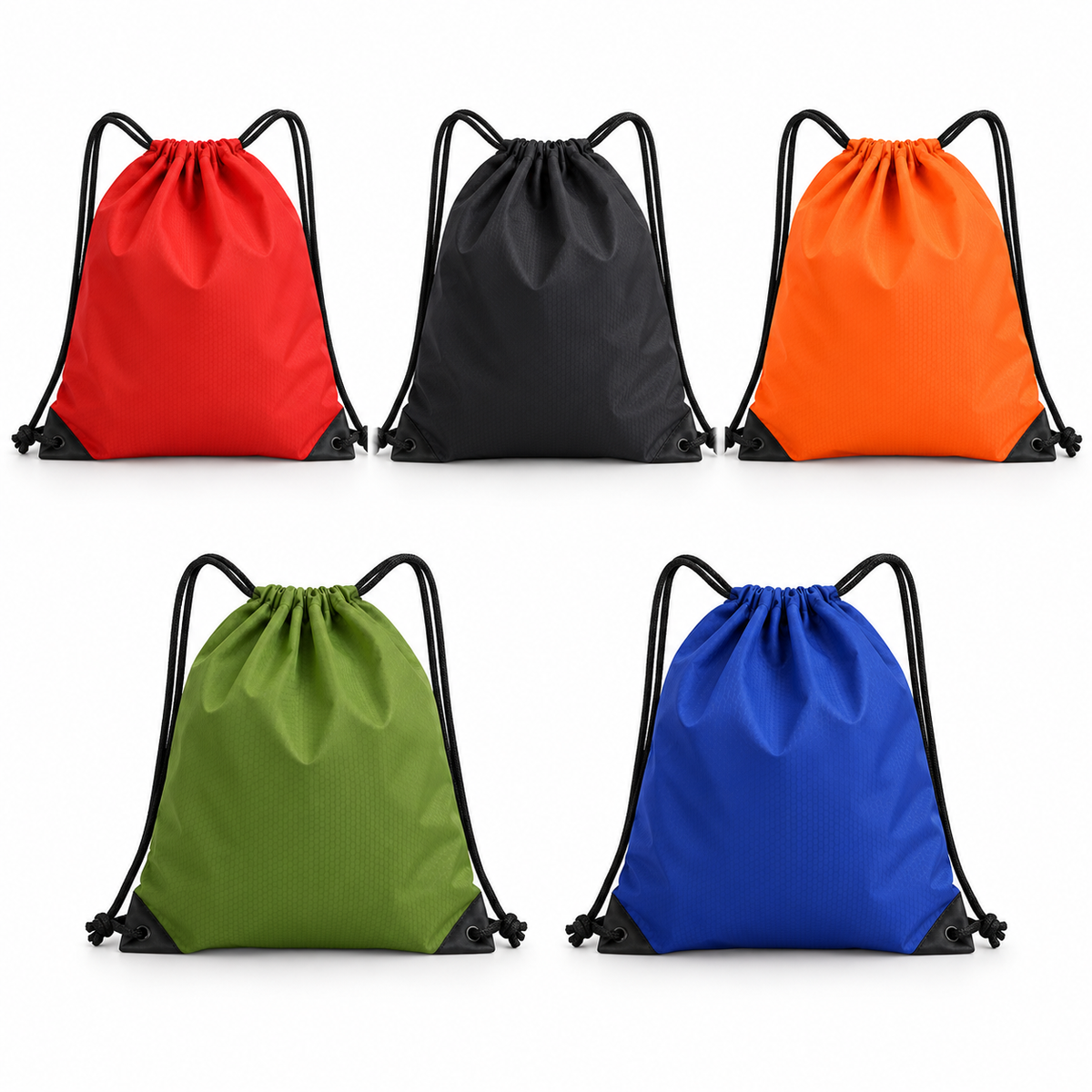 Waterproof drawstring bag in red, black, orange, green and blue