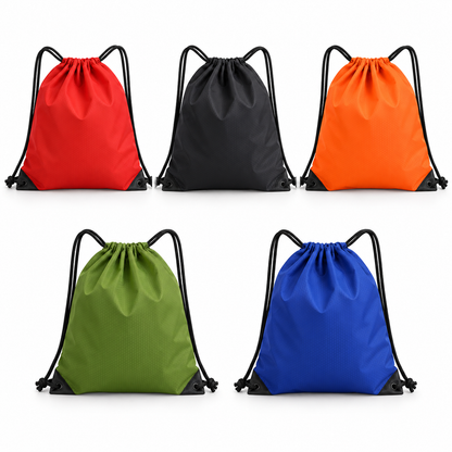 Waterproof drawstring bag in red, black, orange, green and blue