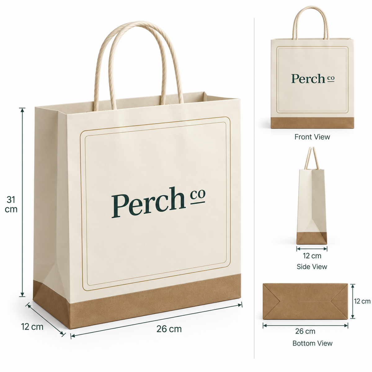 Large paper trade show bag measuring 26 by 12 by 31 cm