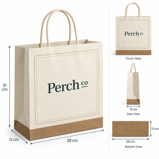 Large paper trade show bag measuring 26 by 12 by 31 cm