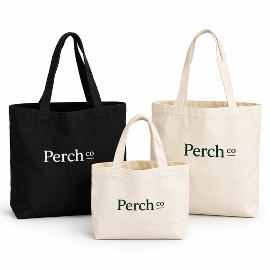 Gusseted tote bags in natural and black, shown in three sizes