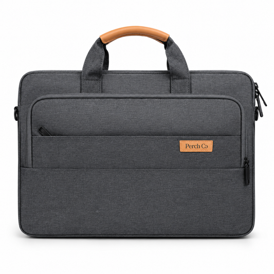 Charcoal laptop briefcase with tan handle and printed logo