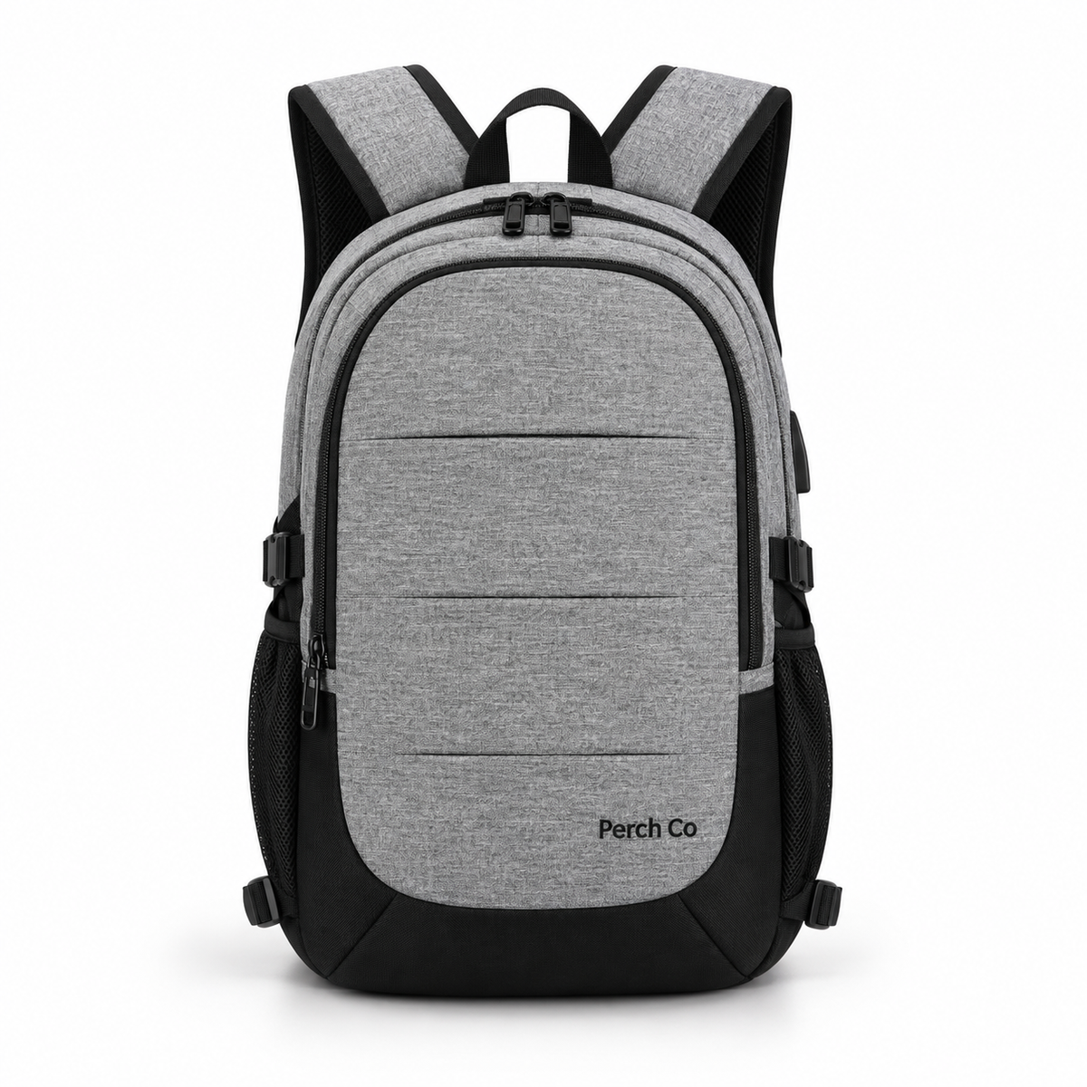 Grey and black two-tone laptop backpack with printed logo