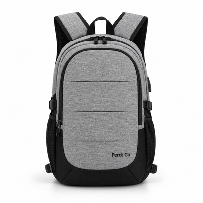 Grey and black two-tone laptop backpack with printed logo