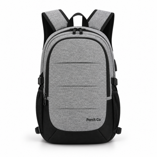 Grey and black two-tone laptop backpack with printed logo
