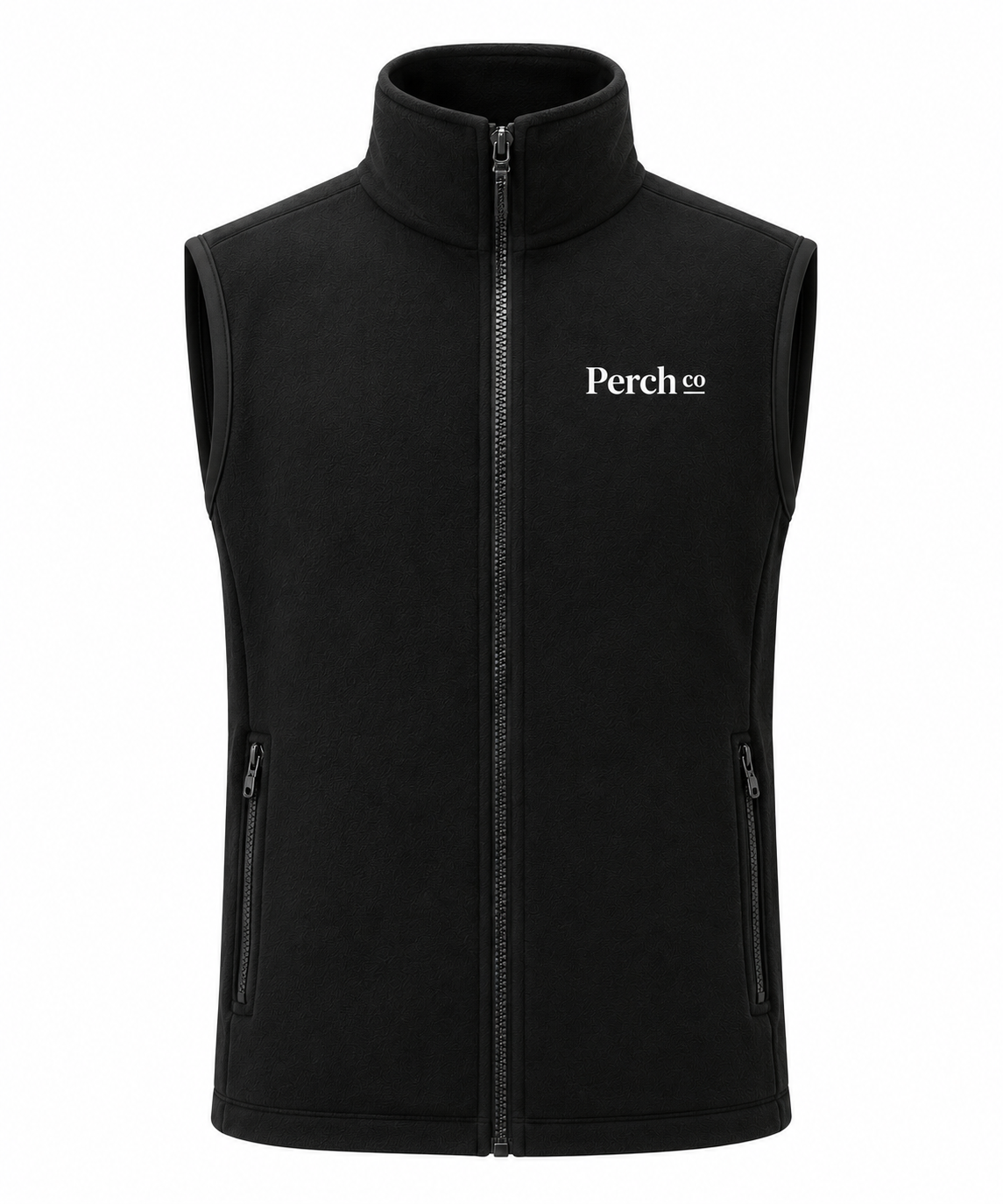 Black bonded fleece vest with embroidered chest logo