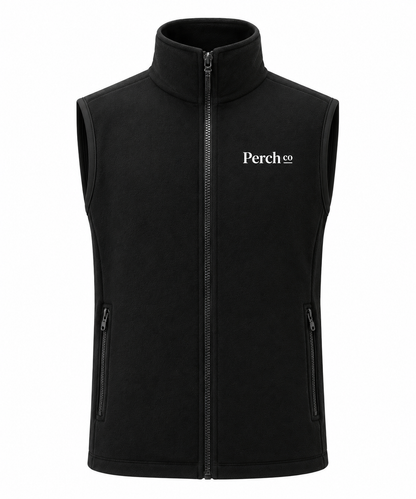 Black bonded fleece vest with embroidered chest logo