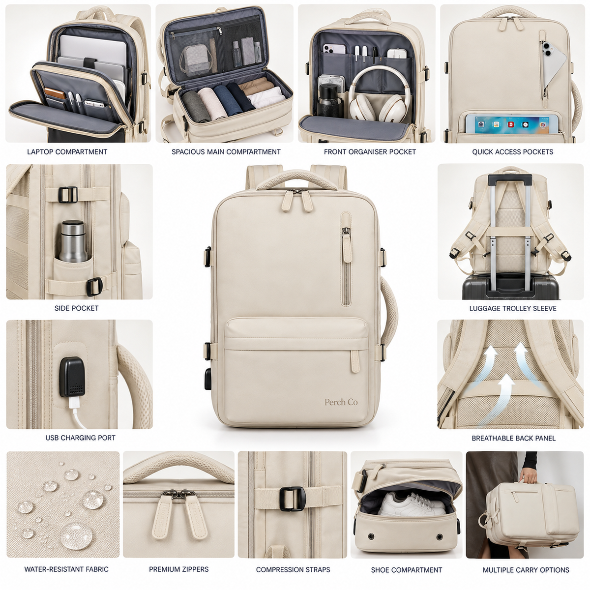 Carry-on travel backpack features: laptop and shoe compartments, USB port, trolley sleeve and compression straps