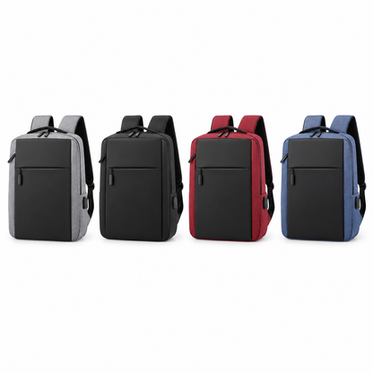 Minimalist laptop backpack in grey, black, red and blue