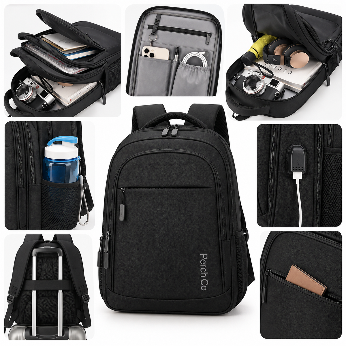 USB charging backpack features: organiser pockets, side bottle pocket, USB port, luggage strap and back pocket
