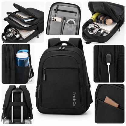 USB charging backpack features: organiser pockets, side bottle pocket, USB port, luggage strap and back pocket