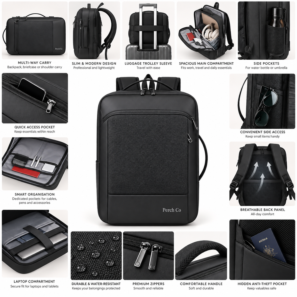 Multi-way business backpack features: backpack, briefcase and shoulder carry, trolley sleeve, laptop compartment and anti-theft pocket
