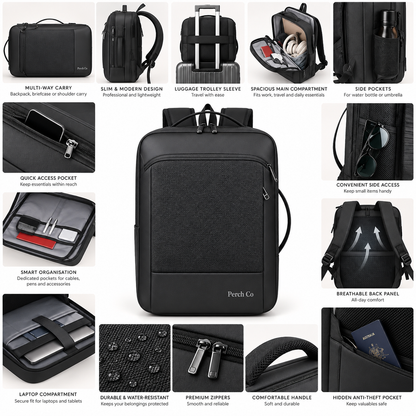 Multi-way business backpack features: backpack, briefcase and shoulder carry, trolley sleeve, laptop compartment and anti-theft pocket