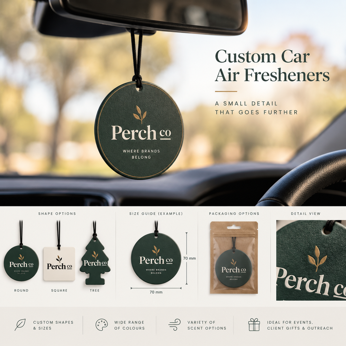 Car air freshener shape options round, square and tree, with pouch packaging