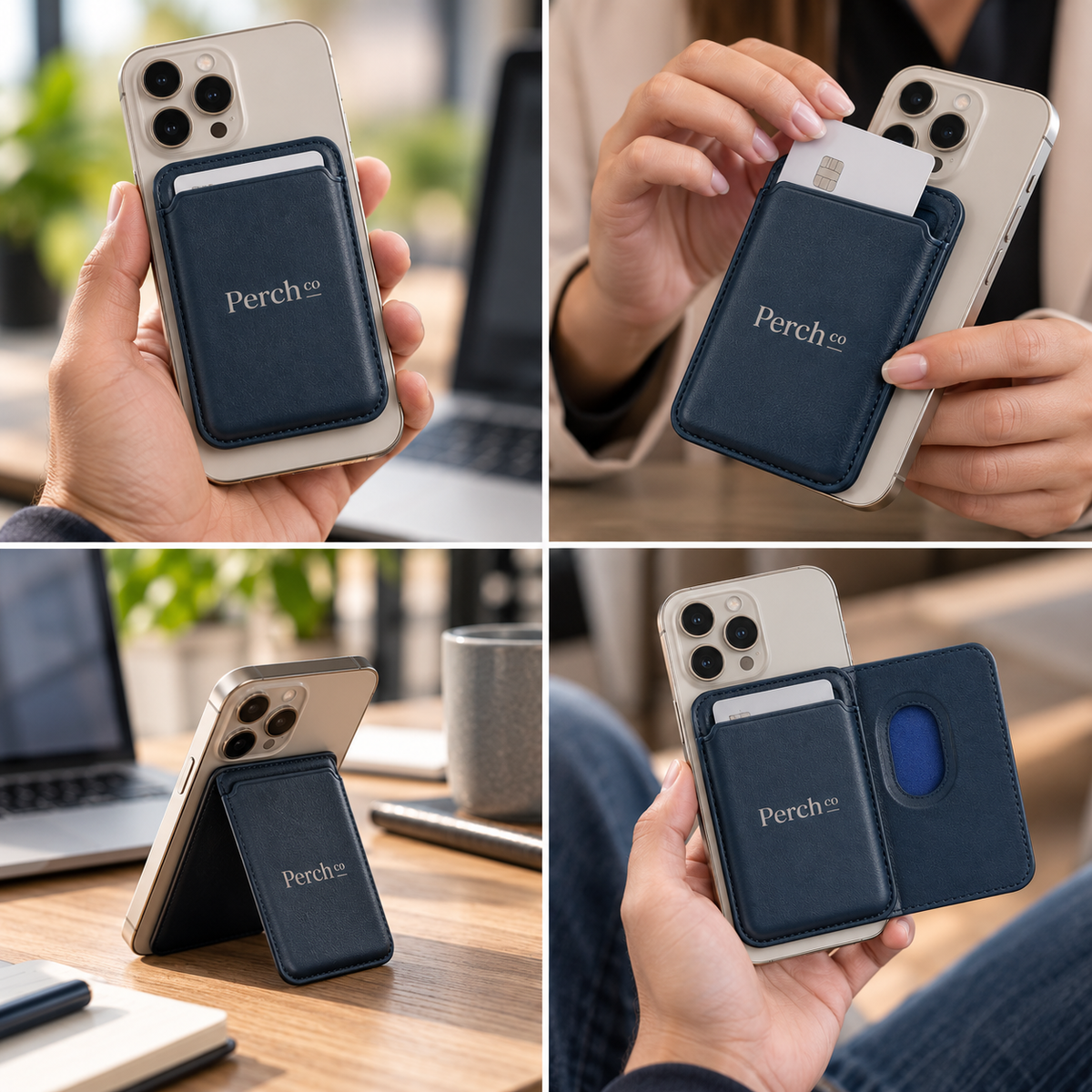 Phone card wallet on the back of a phone, holding a card and folded out as a stand