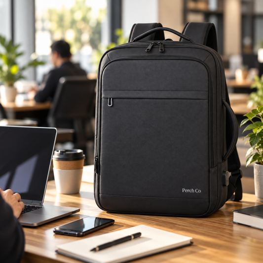 Expandable business backpack on an office desk