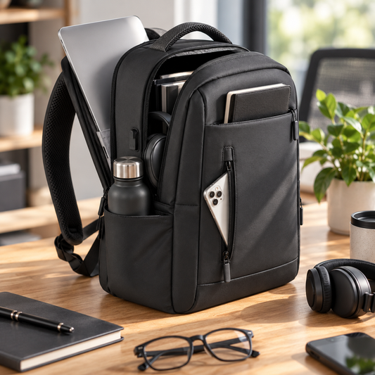 Laptop backpack packed with a laptop, notebook, phone and water bottle on a desk