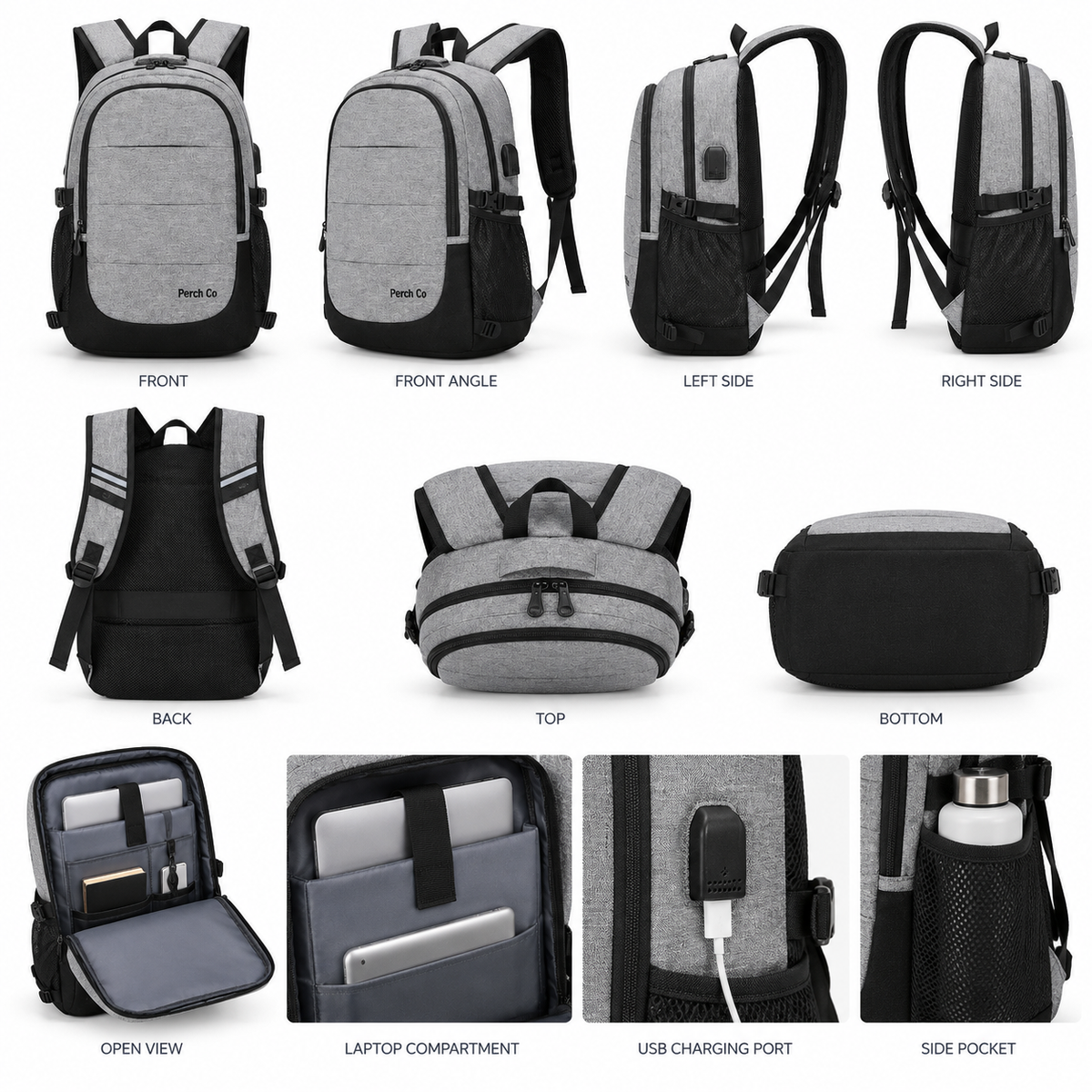 Two-tone laptop backpack from every angle, with open view, laptop compartment, USB port and side pocket