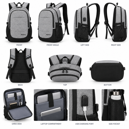 Two-tone laptop backpack from every angle, with open view, laptop compartment, USB port and side pocket