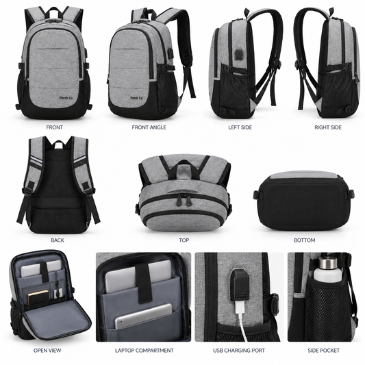 Two-tone laptop backpack from every angle, with open view, laptop compartment, USB port and side pocket