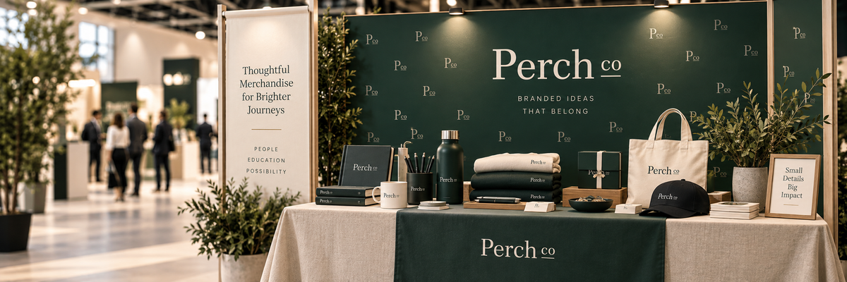 Perch Co branded exhibition stand with drinkware, apparel, tote bag, cap and notebooks on display