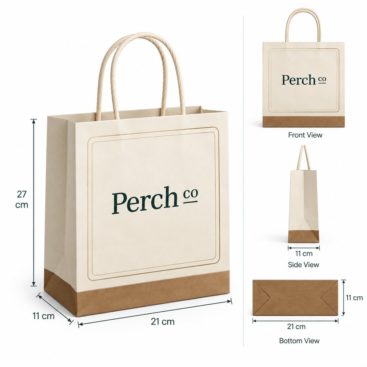 Small paper trade show bag measuring 21 by 11 by 27 cm