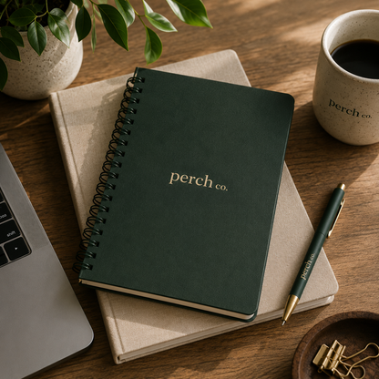 Dark green spiral notebook with a pen on a desk